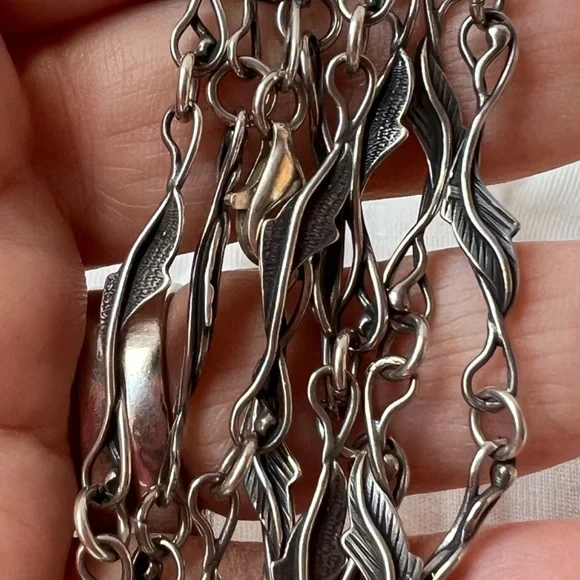 ANTIQUE VINTAGE LONG 925 STERLING SILVER NECKLACE CHAIN LEAVES DESIGN ORNATE
